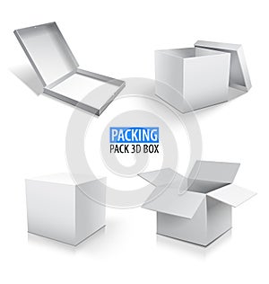 Carton packaging white 3d box. Brown delivery set of different sized packages with postal signs of fragile. Set of