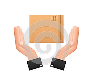 Carton parcel box in hands. Shipping delivery symbol. Gift box icon. Vector stock illustration.