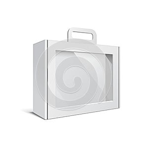 Carton Or Plastic White Blank Package Box With Handle. Briefcase, Case, Folder, Portfolio Case.