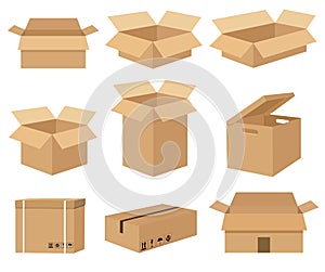 Carton set of recycling cardboard delivery boxes or postal parcel packaging. Carton delivery packaging open and closed