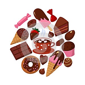 Carton style vector, set of chocolate sweets. All uses of chocolate. Round framed composicion photo