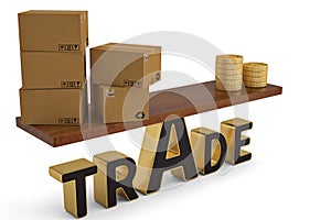 Cartons and gold coins on trade seesaw balance 3D illustration.