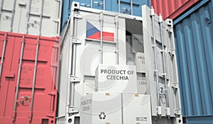 Cartons with goods from Czechia and shipping containers in the port terminal or warehouse. National production related