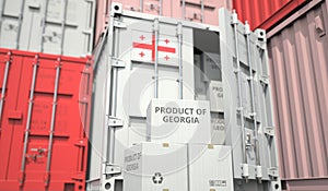 Cartons with goods from Georgia and shipping containers in the port terminal or warehouse. National production related