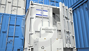 Cartons with goods from Israel and shipping containers in the port terminal or warehouse. National production related
