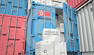 Cartons with goods from North Korea and shipping containers in the port terminal or warehouse. National production
