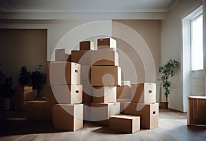 cartons moving concept house room stack Empty apartment armchair box brown cardboard cardbox chair clock day estate flat floor