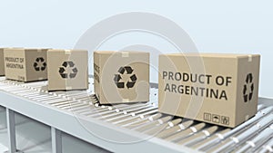 Cartons with PRODUCT OF ARGENTINA text on roller conveyor. Argentinean import or export related 3D rendering