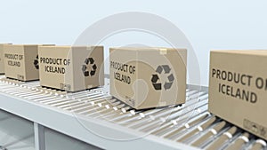 Cartons with PRODUCT OF ICELAND text on roller conveyor. Icelandic import or export related 3D rendering