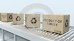 Cartons with PRODUCT OF TURKEY text on roller conveyor. Turkish import or export related 3D rendering