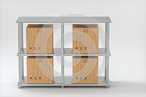 The cartons are put on neatly arranged shelves, 3d rendering photo