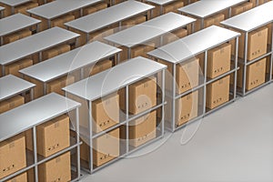 The cartons are put on neatly arranged shelves, 3d rendering photo