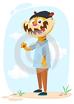 Cartoo tiger wearing black hat and teen clothes. Vector illustration of hipster style tiger character