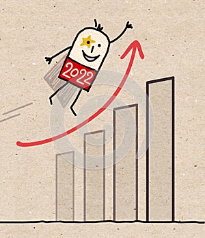 Cartoon 2021 Super Hero with an optimistic economy chart