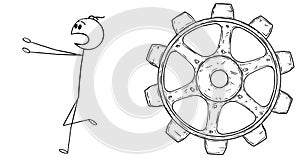 Cartoon 2D Stick Character Animation of Man or Businessman Running in Fear or Panic from Cogwheel. Alpha Mask Included.