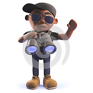 Cartoon 3d black African American hiphop rapper with binoculars