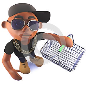 Cartoon 3d black African hiphop rapper holding an empty shopping basket