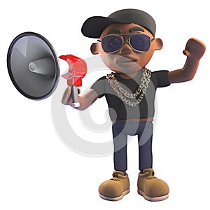 Cartoon 3d black hiphop rapper emcee in baseball cap talking through a megaphone loudhailer, 3d illustration