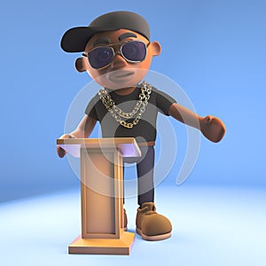 Cartoon 3d black hiphop rapper emcee lecturing at the lectern, 3d illustration