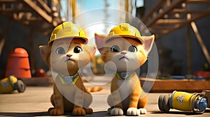 Cartoon 3D Cats in Construction Gear - Playful and Adorable Illustrations of Feline Workers