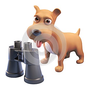 Cartoon 3d cute puppy dog character standing near a pair of binoculars, 3d illustration