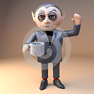 Cartoon 3d dracula vampire Halloween character waving and drinking a cup of coffee, 3d illustration