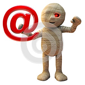 Cartoon 3d Egyptian mummy monster holding an email address symbol, 3d illustration