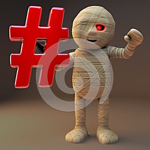 Cartoon 3d Egyptian mummy monster holding a social media hashtag symbol, 3d illustration
