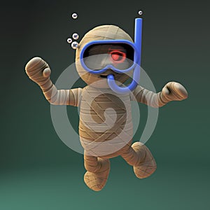 Cartoon 3d Egyptian mummy monster scuba diving with a snorkel and swimming mask, 3d illustration