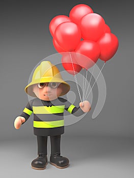 Cartoon 3d fire fighter fireman in high visibility clothing holding some party red balloons