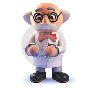 Cartoon 3d funny mad scientist character wearing handcuff restraints