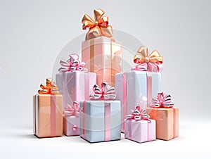 Cartoon 3d gifts in different pastel colors. The gifts are shiny and reflect light.