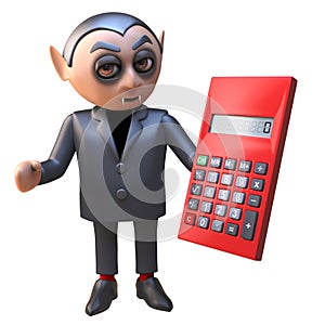 Cartoon 3d Halloween vampire dracula holding a digital calculator, 3d illustration