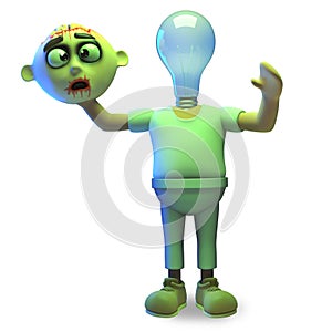 Cartoon 3d Halloween zombie monster has a lightbulb for a head, how illuminating, 3d illustration