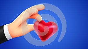 Cartoon 3d hand hold red heart. Donation or social media follower concept. Valentine day.