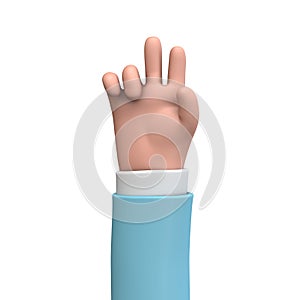 Cartoon 3D hand showing number 2 with fingers. 3D Rendering.