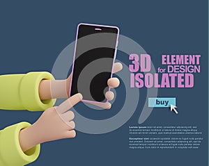 A cartoon 3D hands holding a mobile phone. Index finger presses smartphone screen. 3d illustration isolated on blue background.