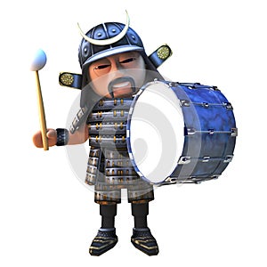 Cartoon, 3d Japanese samurai warrior character beating a bass drum