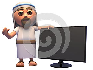 Cartoon 3d Jesus Christ character standing next to a widescreen flatscreen television monitor, 3d illustration