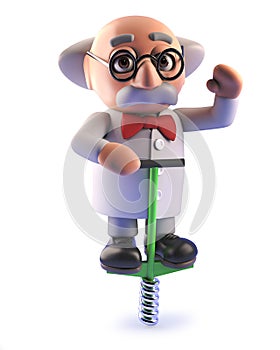 Cartoon 3d mad scientist character bouncing on a pogo stick