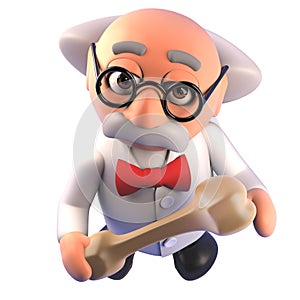 Cartoon 3d mad scientist physicist character holding a baseball bat and ball