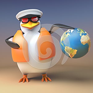 Cartoon 3d penguin captain sailor navigates with his globe of the world, 3d illustration