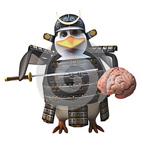 Cartoon 3d penguin samurai warrior character holding a brain and katana sword, 3d illustration