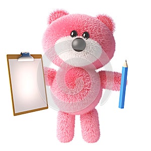 Cartoon 3d pink fluffy teddy bear soft toy character holding a pencil and clipboard, 3d illustration