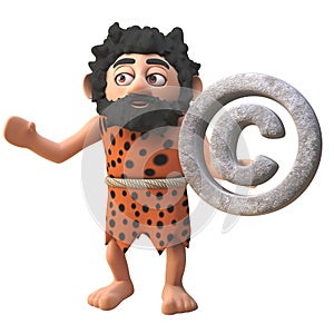 Cartoon 3d prehistoric caveman character holding a rock copyright symbol, 3d illustration