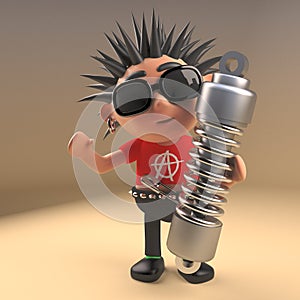 Cartoon 3d punk rocker character holding an automobile shock absorber, 3d illustration
