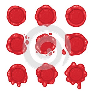 Cartoon 3d red old wax stamps vector icons. Empty seals symbol of quality, warranty and security. Sealing label set.
