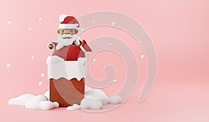 Cartoon 3d render of santa claus with bag on Chimney