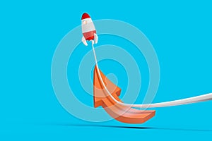 Cartoon 3D rocket upswing from a red arrow. Business turnaround concept.
