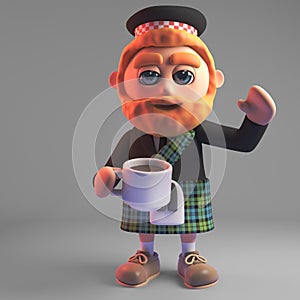 Cartoon 3d Scottish man with red beard wearing a kilt and drinking a cup of coffee, 3d illustration